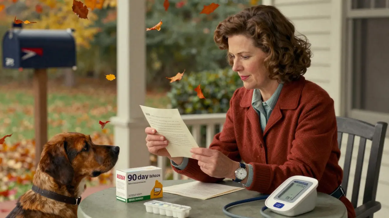 Woman on porch with dog and mail-order pharmacy box, pill organizer and blood pressure monitor nearby.