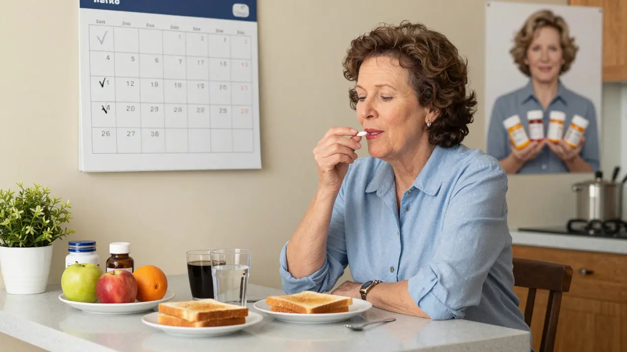 Woman takes a combination pill at breakfast, surrounded by daily life and calm routine.