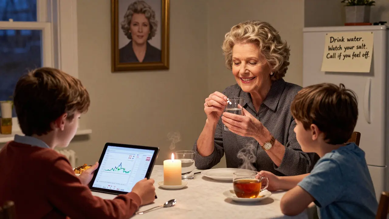 Woman taking extended-release lithium at dinner with family, child checking health data on tablet.