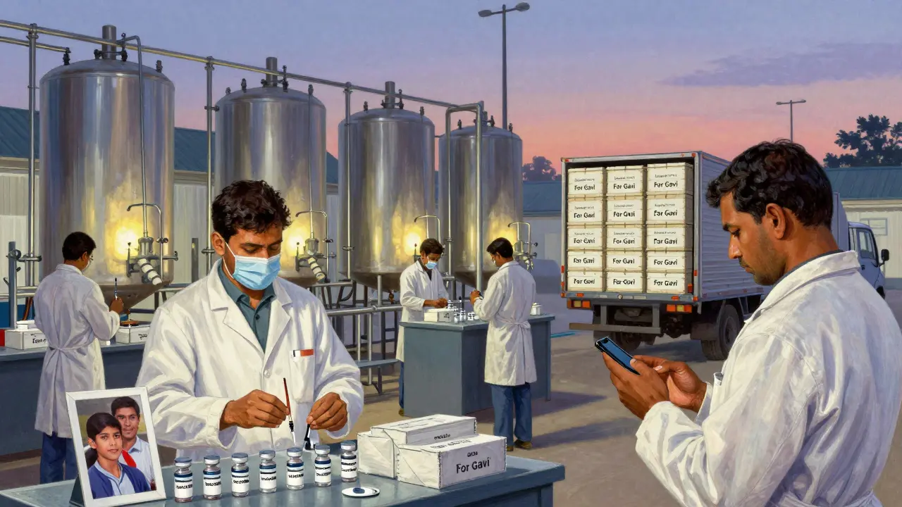 Workers in an Indian vaccine factory fill vials under glowing bioreactors, crates labeled 'For Gavi' being loaded onto trucks.