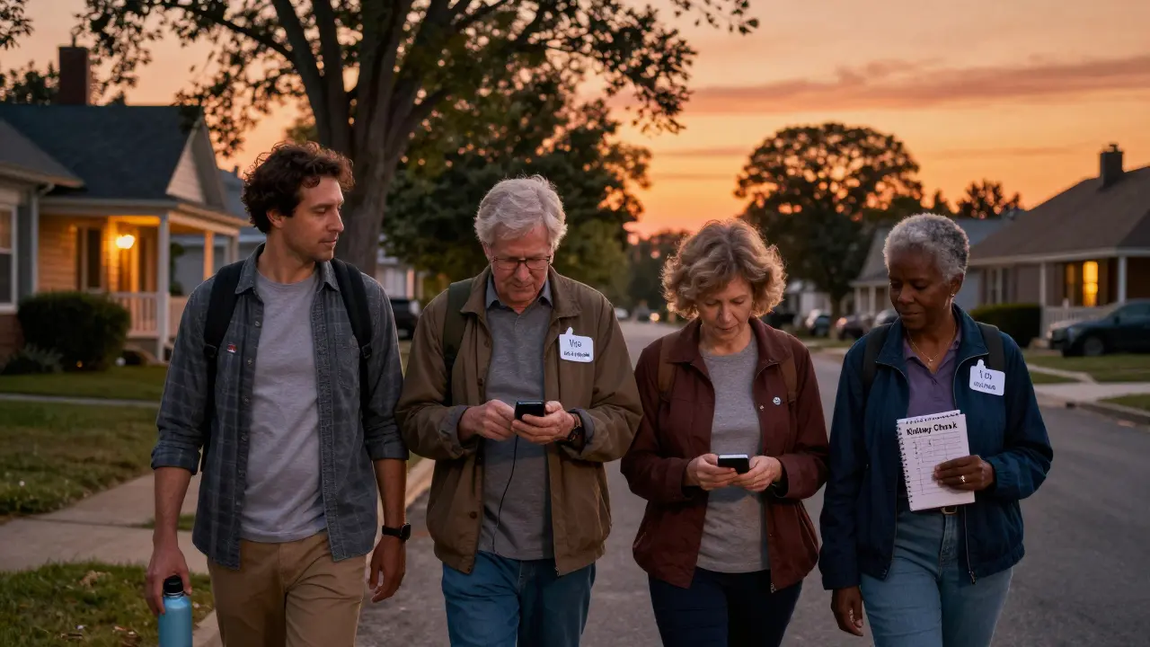 A diverse group walking after dinner, promoting kidney health through daily movement.