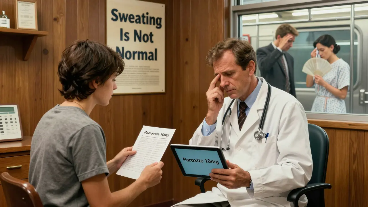 A doctor and patient discussing treatment options in a warm clinic, with a tablet showing a low-dose antidepressant recommendation.
