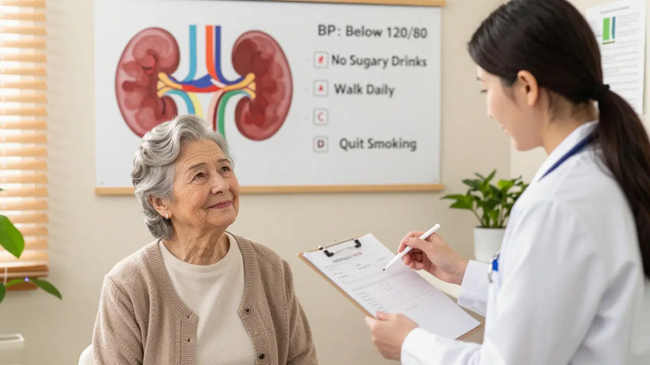 A doctor explaining kidney test results to a woman in a warm, reassuring office setting.