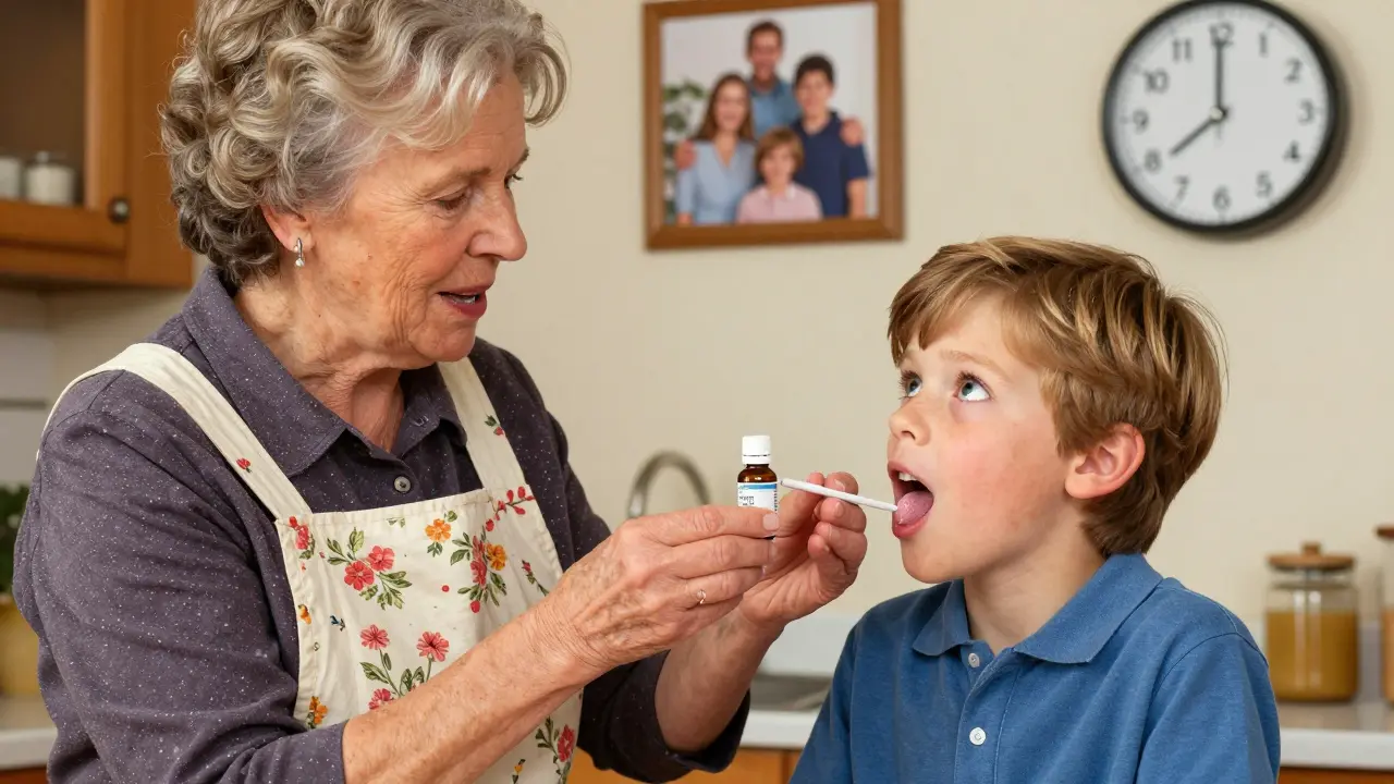 A grandmother teaching a child how to properly use nystatin liquid, with soft lighting and a clock in the background.