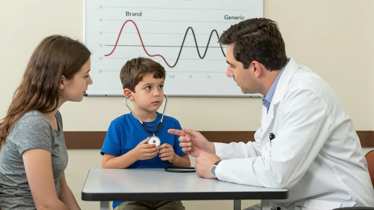 A pediatrician explains medication changes to a child and parent, with a visual chart showing differences in drug absorption, set in a warm pediatric clinic.
