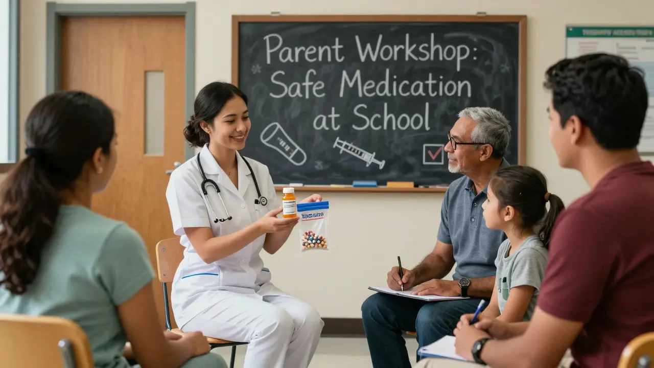 A school nurse educates parents about proper medication labeling during a community workshop in the hallway.