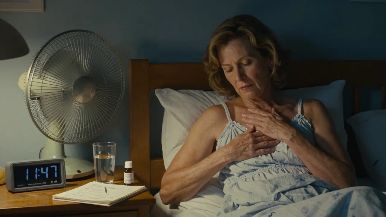 A woman applying prescription antiperspirant at night in her bedroom, with a fan and medication bottles on the nightstand.