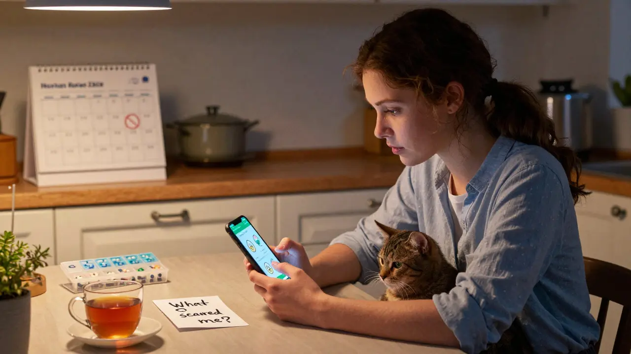 A woman at home studies a digital medication decision aid on her phone, with a handwritten note nearby.