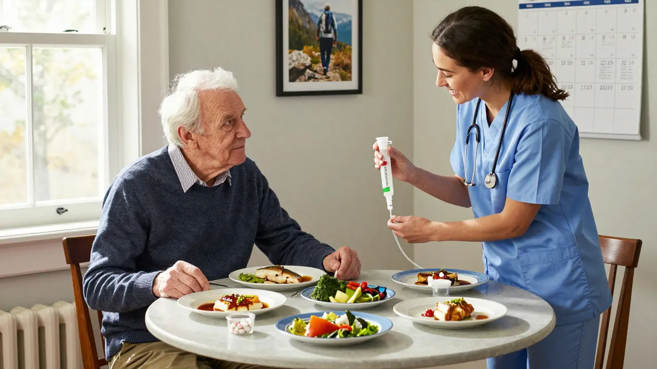 An elderly patient eating six small meals with supplements nearby, nurse offering gentle care.