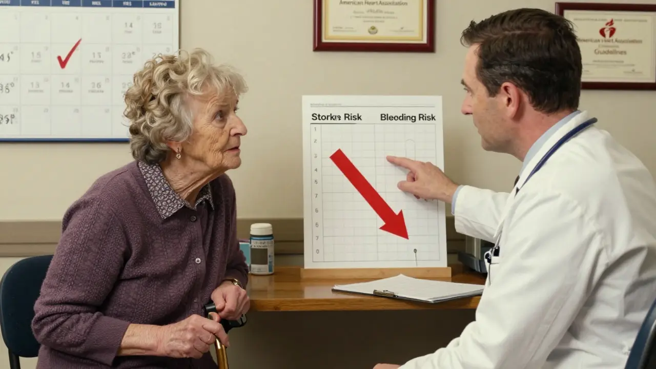 An older woman and her doctor review stroke versus bleeding risk charts in a reassuring clinic setting.