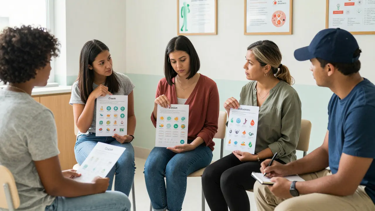 Diverse patients in a clinic quietly examine decision aids with icon-based risk visuals before their appointments.