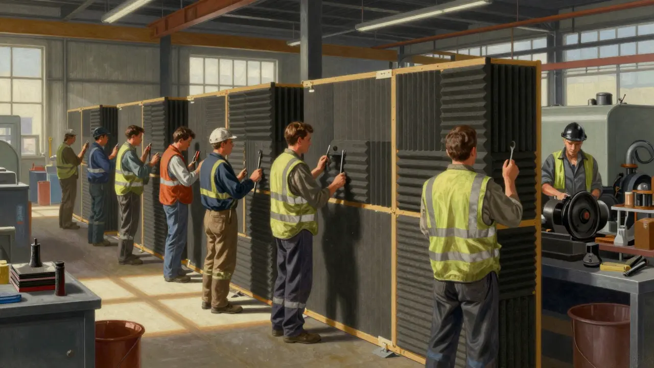 Factory workers installing acoustic barriers to reduce noise in a workplace setting.