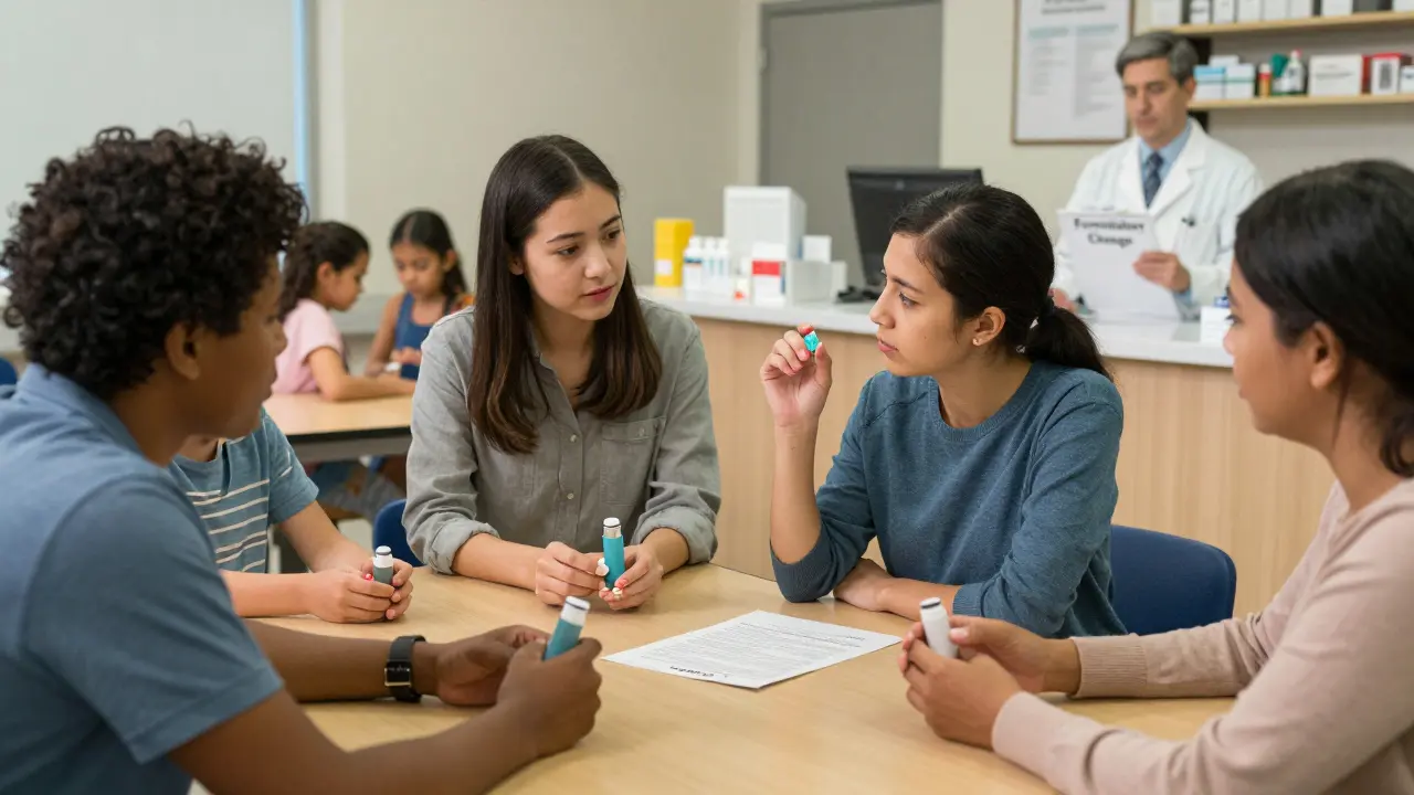Parents gather at a community table comparing pill shapes and inhalers, consulting a checklist, while a pharmacist looks away, symbolizing systemic gaps in pediatric care.