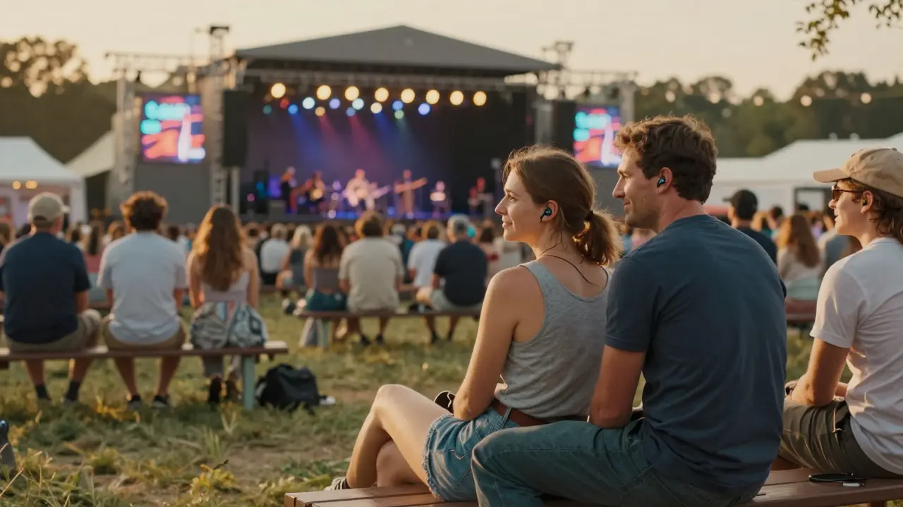 People resting in a quiet zone at a music festival while wearing earplugs.