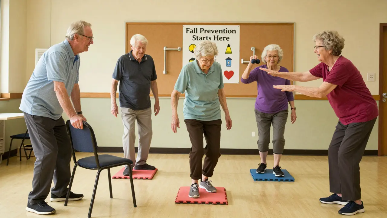 Seniors practice balance exercises in a community center, guided by a therapist, with safety posters on the wall.