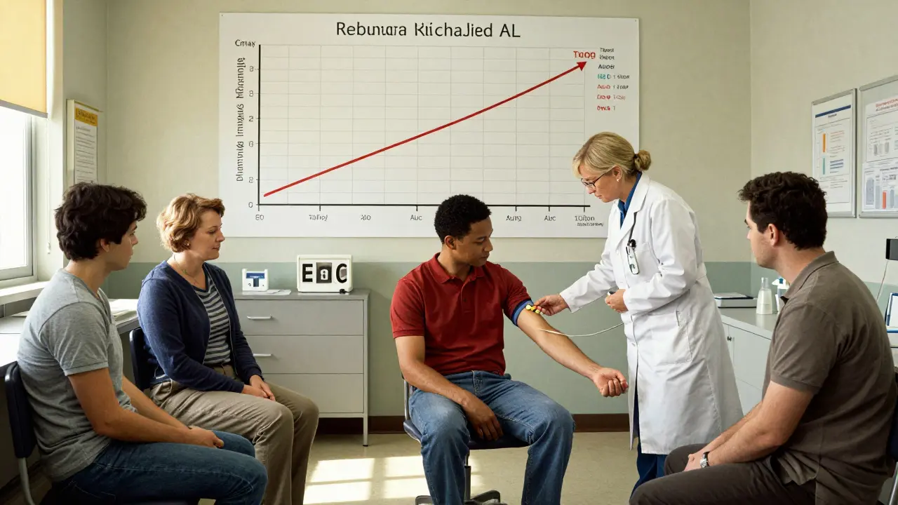 Volunteers in a study room have blood drawn while graphs show matching drug absorption levels for brand and generic medications.