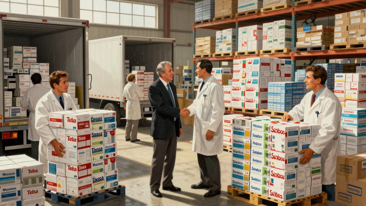 Workers loading bulk generic medications in a U.S. warehouse, symbolizing competitive drug distribution.