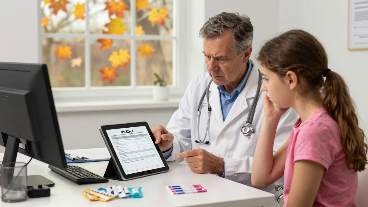 A doctor explains the iPLEDGE program to a young patient, with pregnancy tests and birth control on the table.