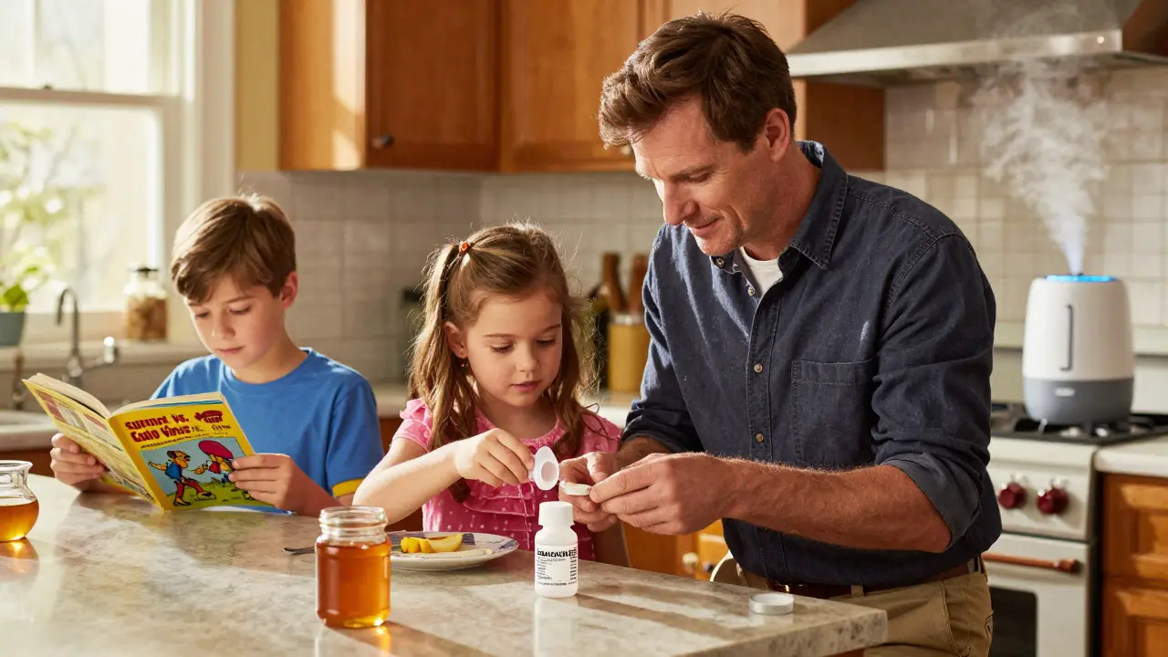 A father measures children's medicine at the kitchen table with honey and a humidifier nearby, in soft morning light.