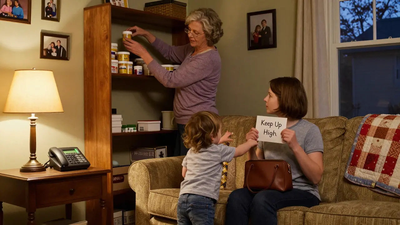 A grandmother places medicine in a locked container on a high shelf as a toddler reaches toward a purse on the couch.