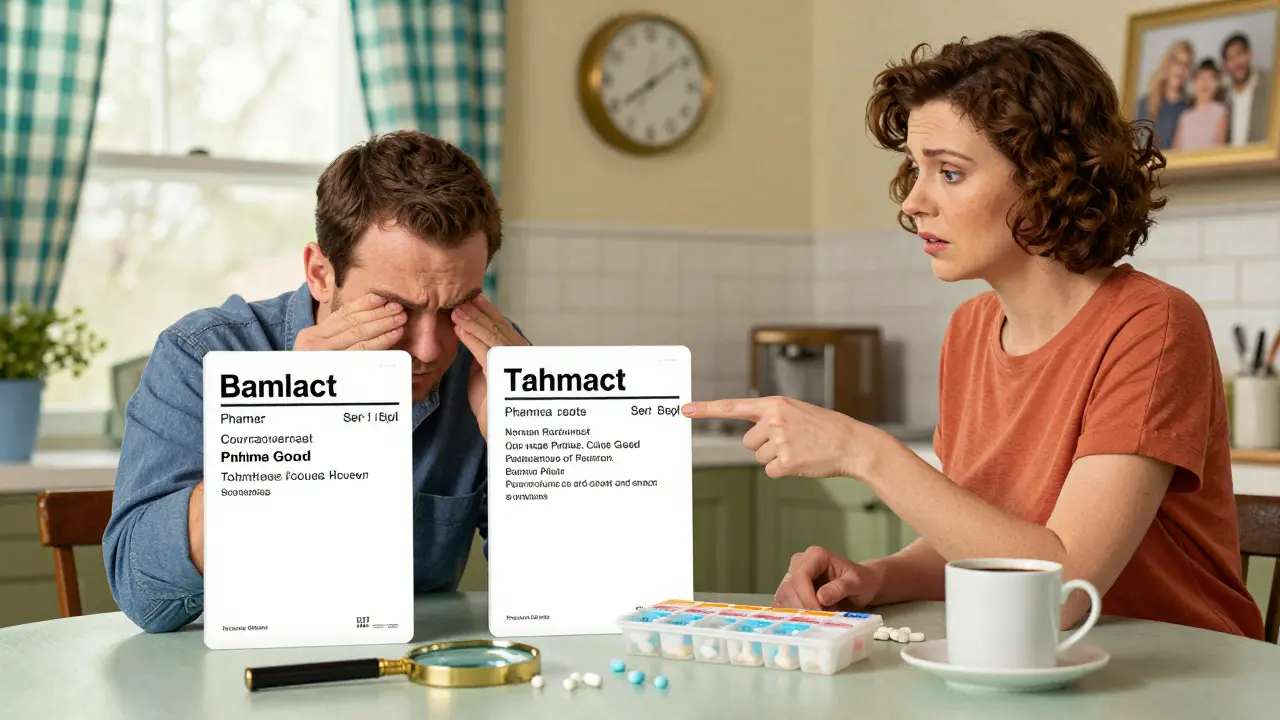 A man compares two prescription labels on his kitchen table, one old and one new, with a magnifying glass nearby.