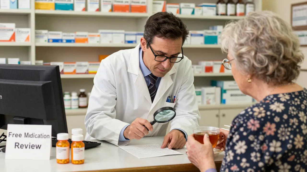 A pharmacist and senior patient review a medication list in a cozy pharmacy with pill bottles on the counter.