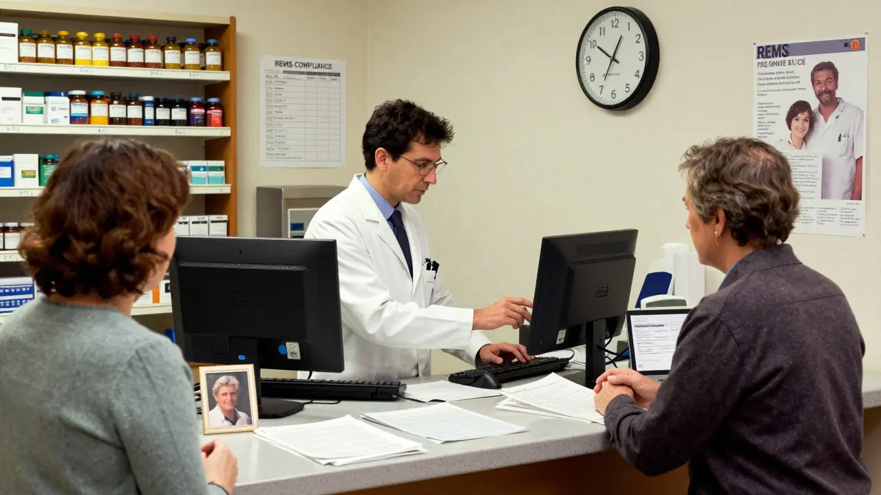 A pharmacist enters data into two systems while a patient waits, surrounded by paperwork and a clock showing late afternoon.