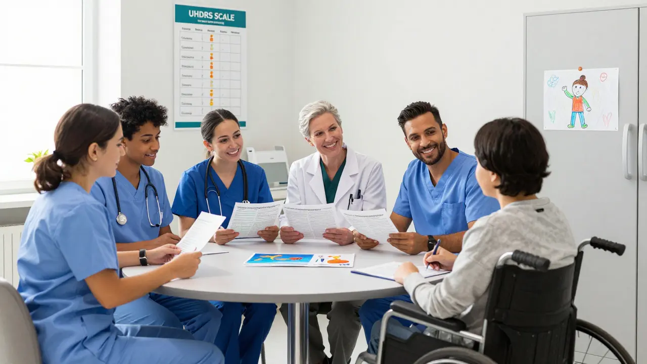 A team of caregivers and specialists meet with a Huntington’s patient in a bright clinic, surrounded by care resources.