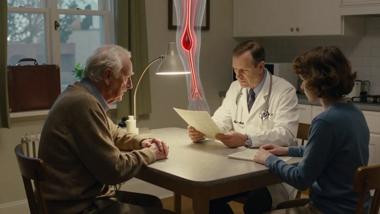 An elderly man and doctor review medical charts at a kitchen table, with a blood clot illustration above them and a suitcase nearby, suggesting travel-related risk.