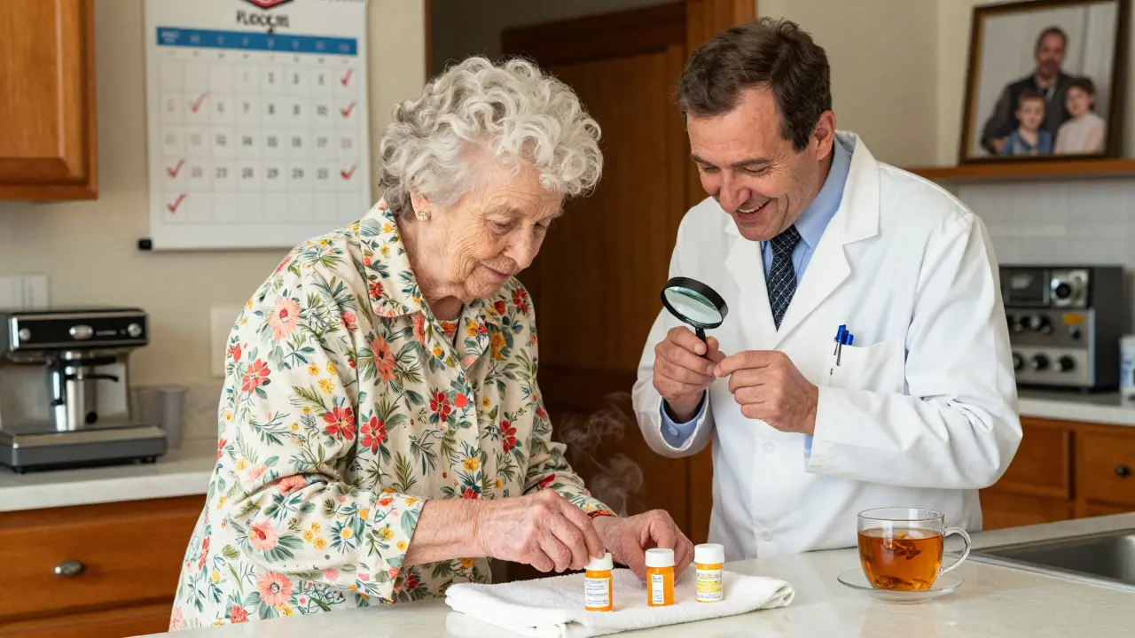 An elderly woman and pharmacist reviewing pill bottles at a kitchen counter.
