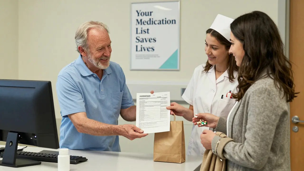 An older man hands his medication list to a nurse at a hospital desk, with his daughter nearby.