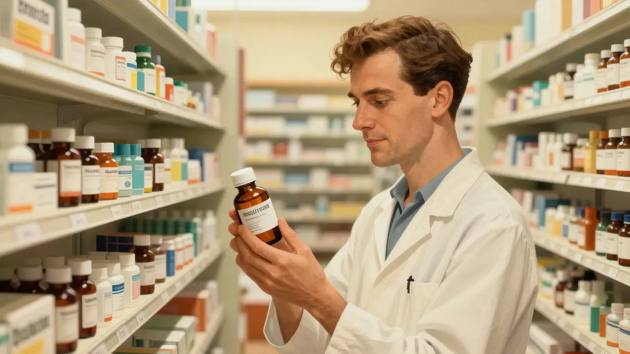 Calm patient holding medicine bottle in a sunlit pharmacy.