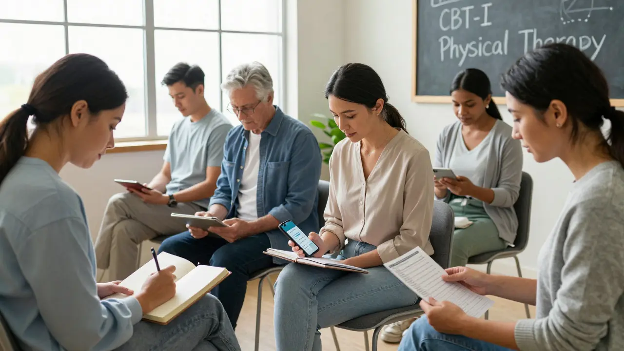 Diverse patients in a clinic waiting room, each preparing for medication review.