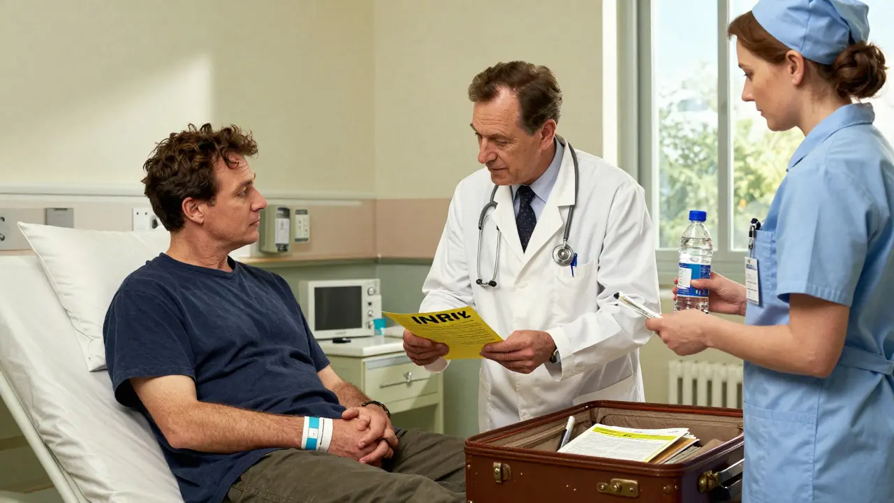 Doctor reviewing INR booklet with patient in hospital, medical ID visible, warm lighting