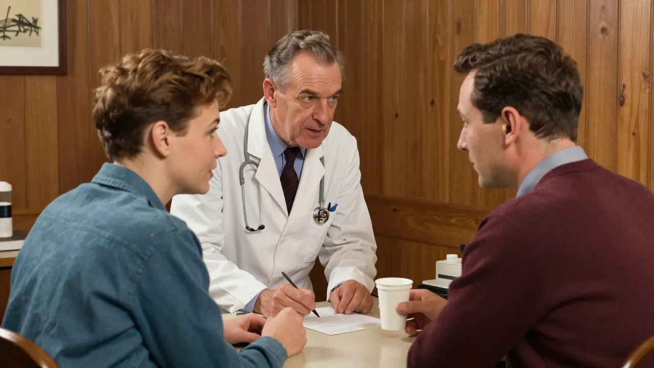 Doctor speaking reassuringly to a patient in a warm office.