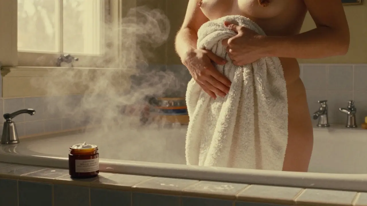 Drying off with towel after bath near cream jar.