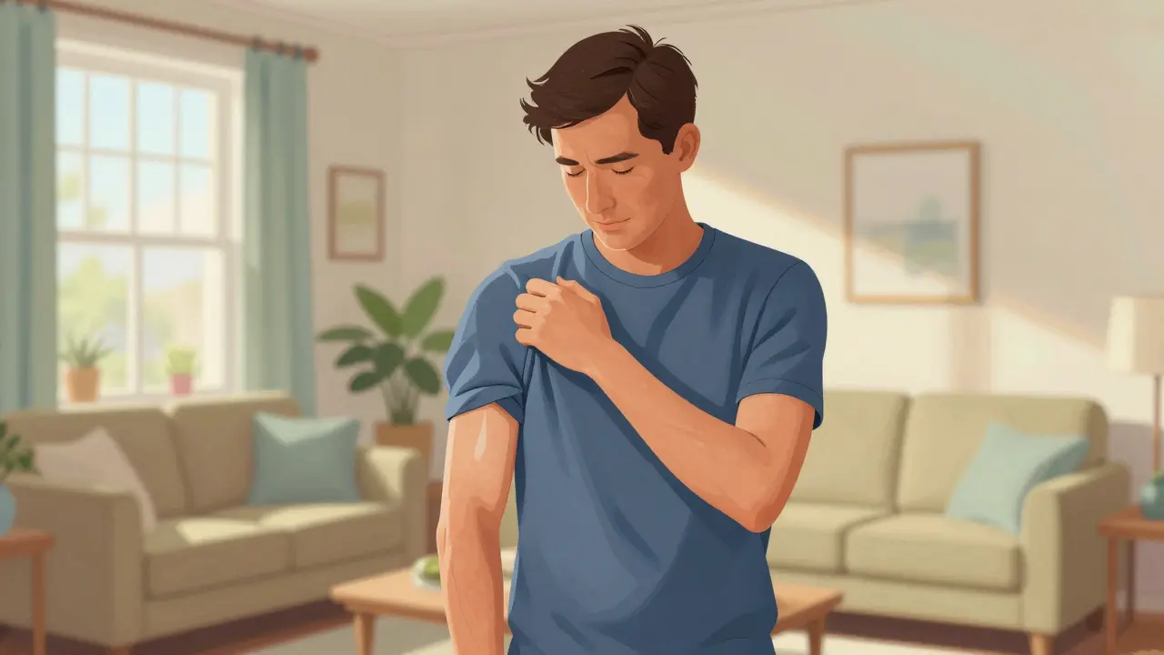 Healthy person showing smooth skin in bright room.