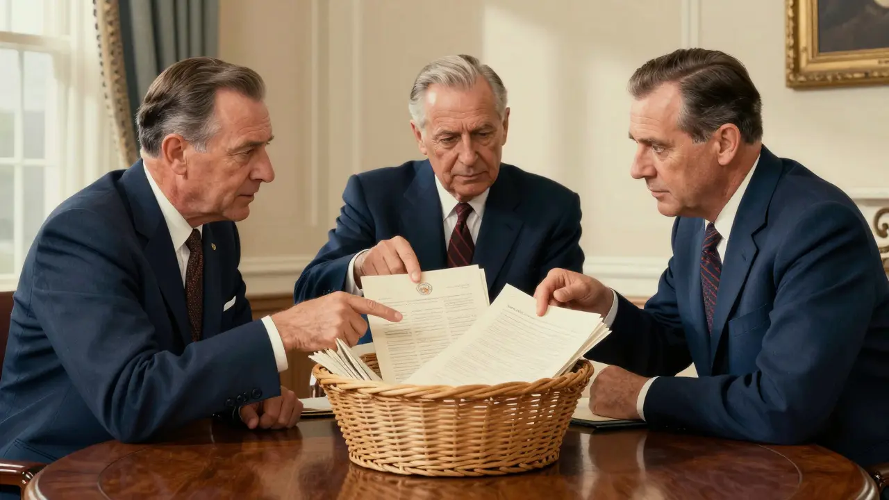 Officials discuss documents around wooden conference table