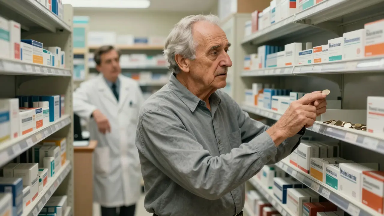 Older patient holds coins near empty medicine shelf