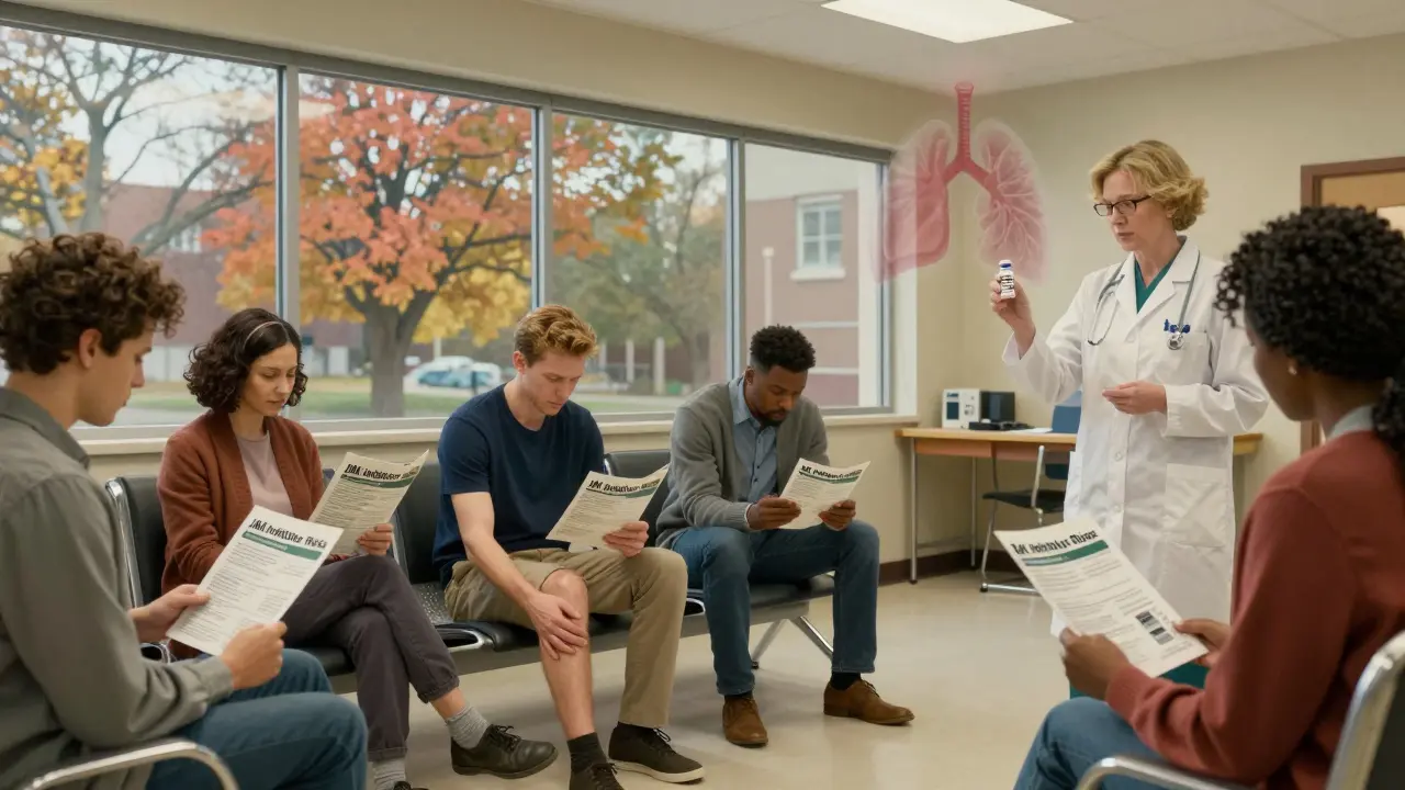 Patients in a clinic wait quietly, one rubbing his leg, as a nurse holds a vaccine — a ghostly clot drifts above, symbolizing hidden dangers of JAK inhibitors.