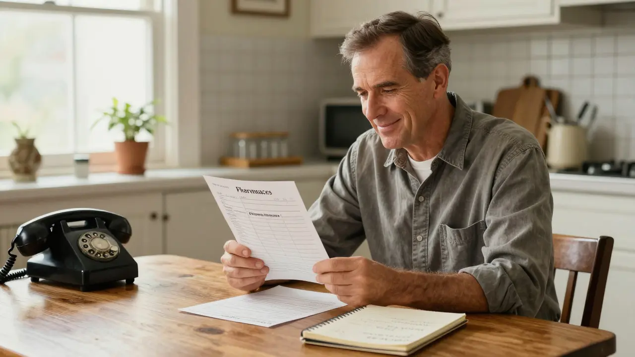 A man at a kitchen table carefully reviewing a medical prescription.