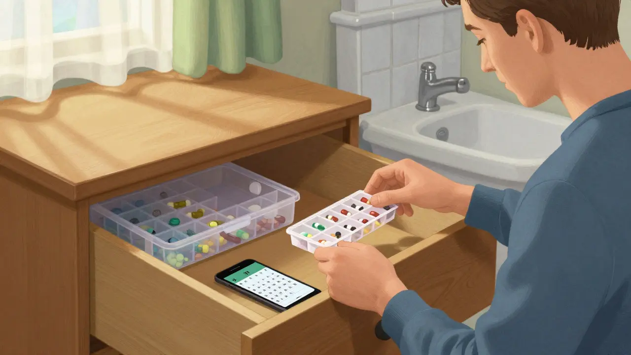 A person organizing medication in a bedroom dresser for safe storage.