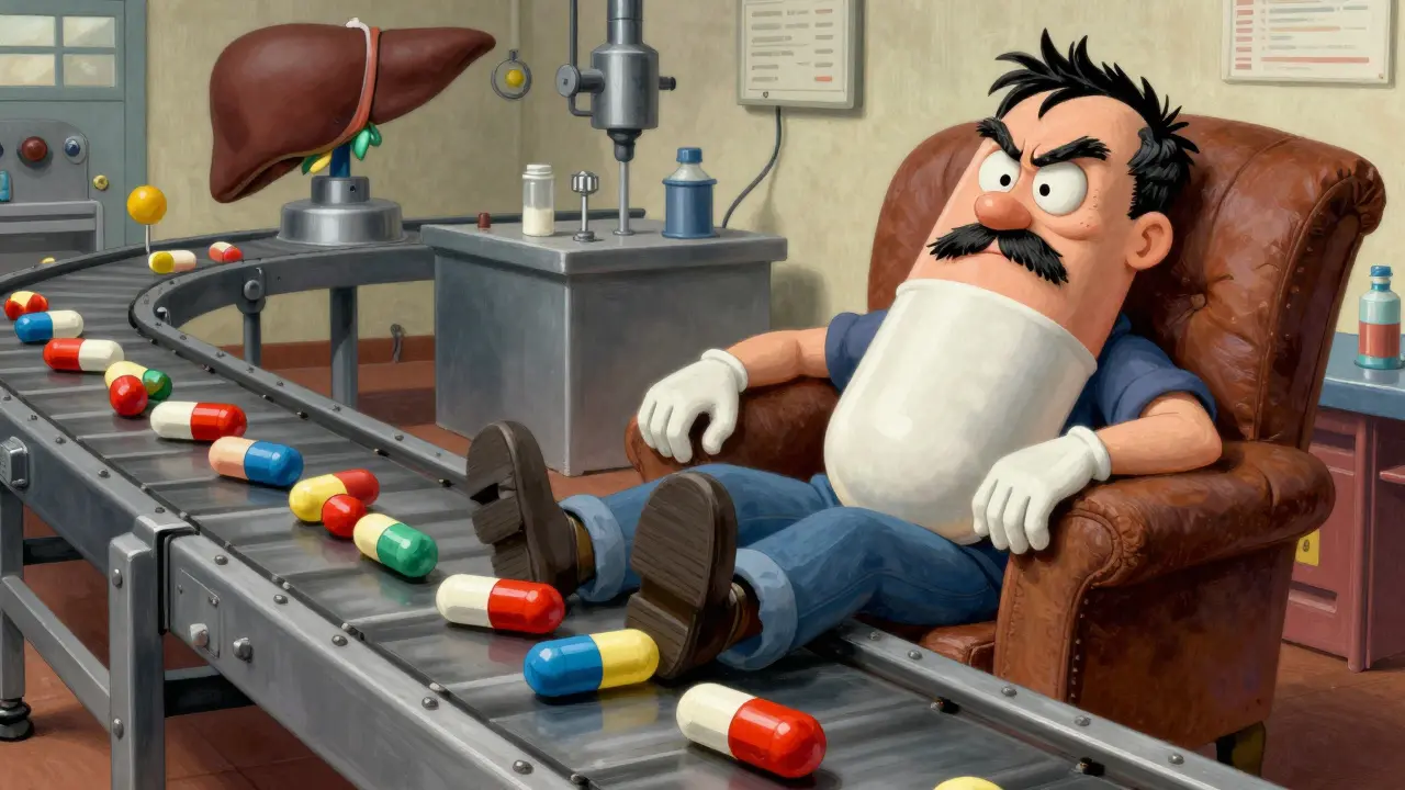 A personified drug blocking a conveyor belt in a liver factory, preventing other medicines from passing.