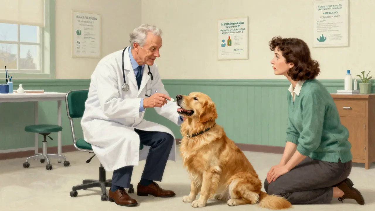 A veterinarian examining a Golden Retriever in a classic animal clinic.
