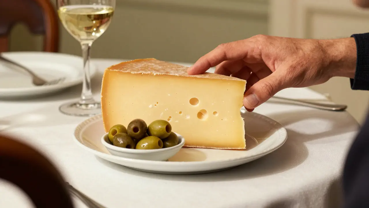 Aged cheese and olives on a dinner table, symbolizing dietary risks