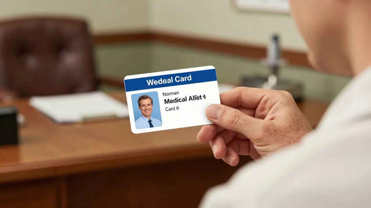 Close-up of a hand holding a medical alert wallet card for safety