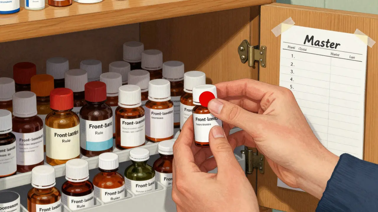 Close-up of a hand placing a colored sticker on a medicine bottle in an organized cabinet.