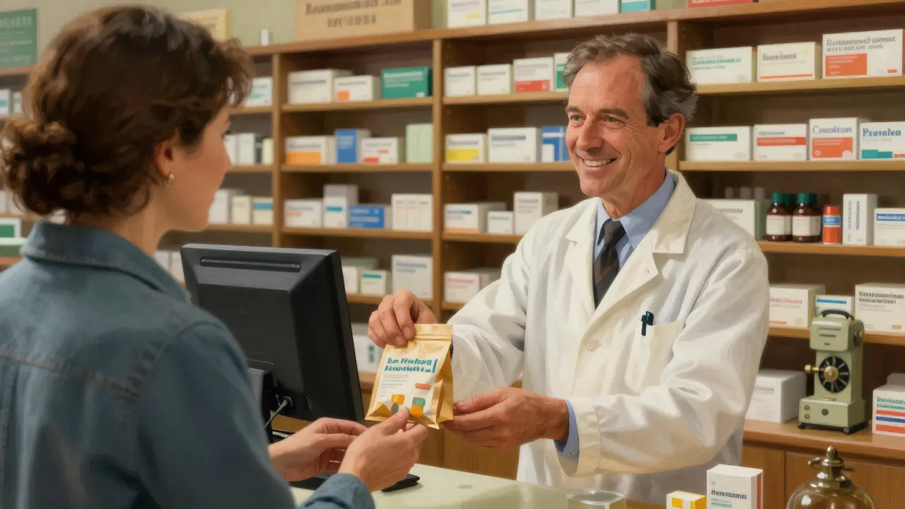 Friendly pharmacist handing medication to a customer in a traditional drugstore