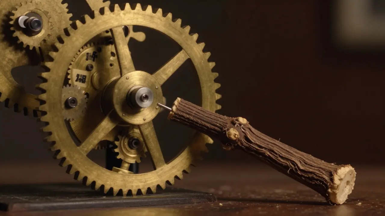 Licorice root acting as a wrench jamming a complex brass clockwork mechanism.