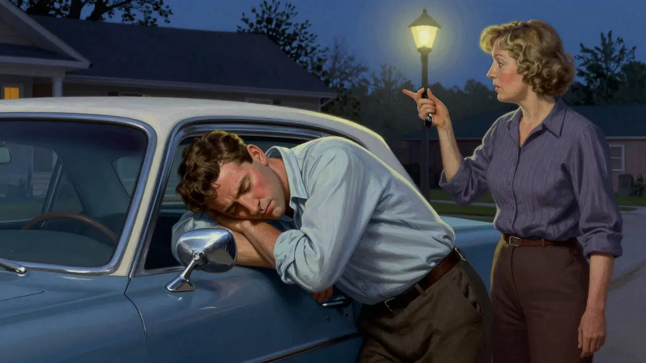 Man too drowsy to drive leaning on car at night.
